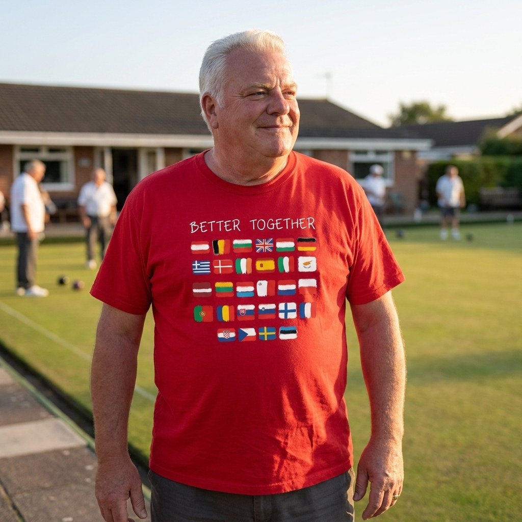 Man in a red Better Together t-shirt at a bowls club