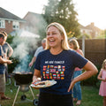 Woman laughing at a back-garden family barbecue wearing the navy We Are Family European flags t-shirt, Very Brexit Problems