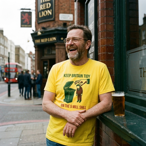 Man with grey beard and gold-rimmed glasses laughing outside a London pub in the yellow Bin the 5 Mill Shill t-shirt, Very Brexit Problems