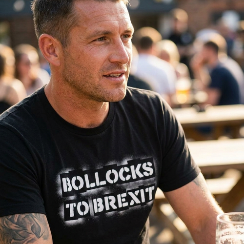 Man in a pub beer garden wearing the black Bollocks to Brexit t-shirt, print close and legible, Very Brexit Problems