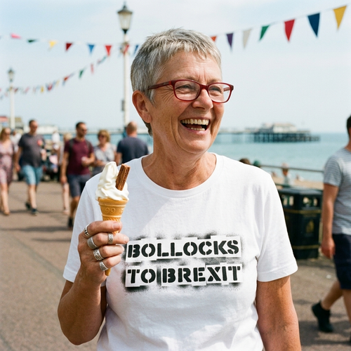 Woman in her sixties with cropped grey hair and red glasses laughing on a seaside promenade with an ice cream, wearing the white Bollocks to Brexit t-shirt, Very Brexit Problems