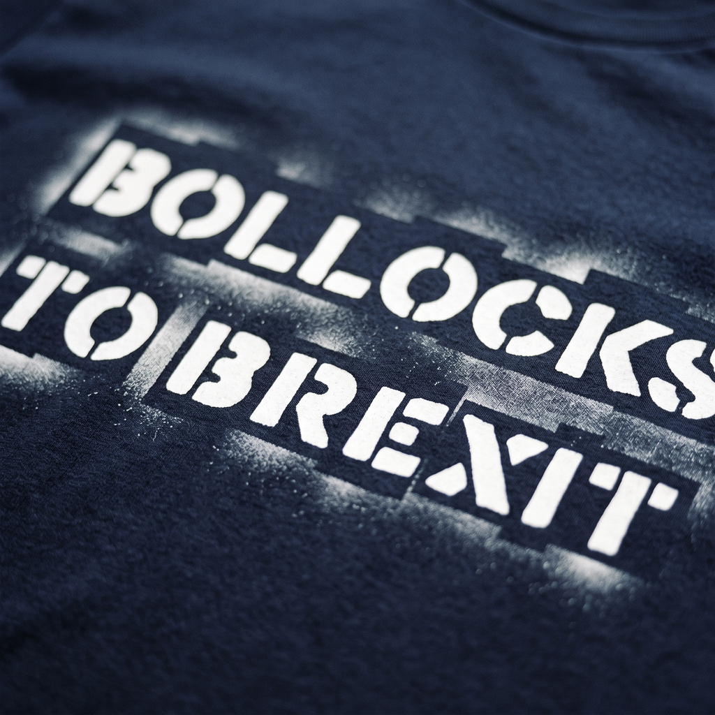 Bollocks to Brexit white stencil print filling the frame on navy cotton fabric, Very Brexit Problems