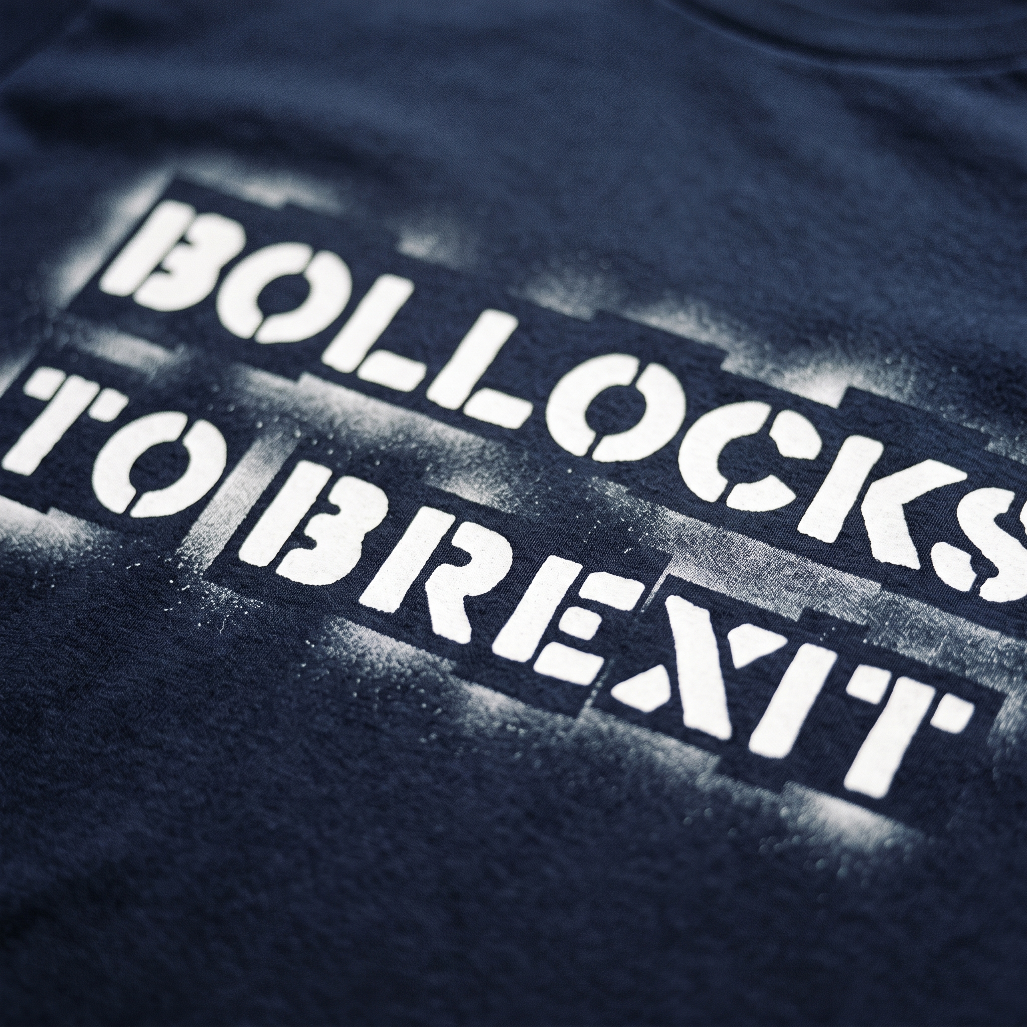 Bollocks to Brexit white stencil print filling the frame on navy cotton fabric, Very Brexit Problems