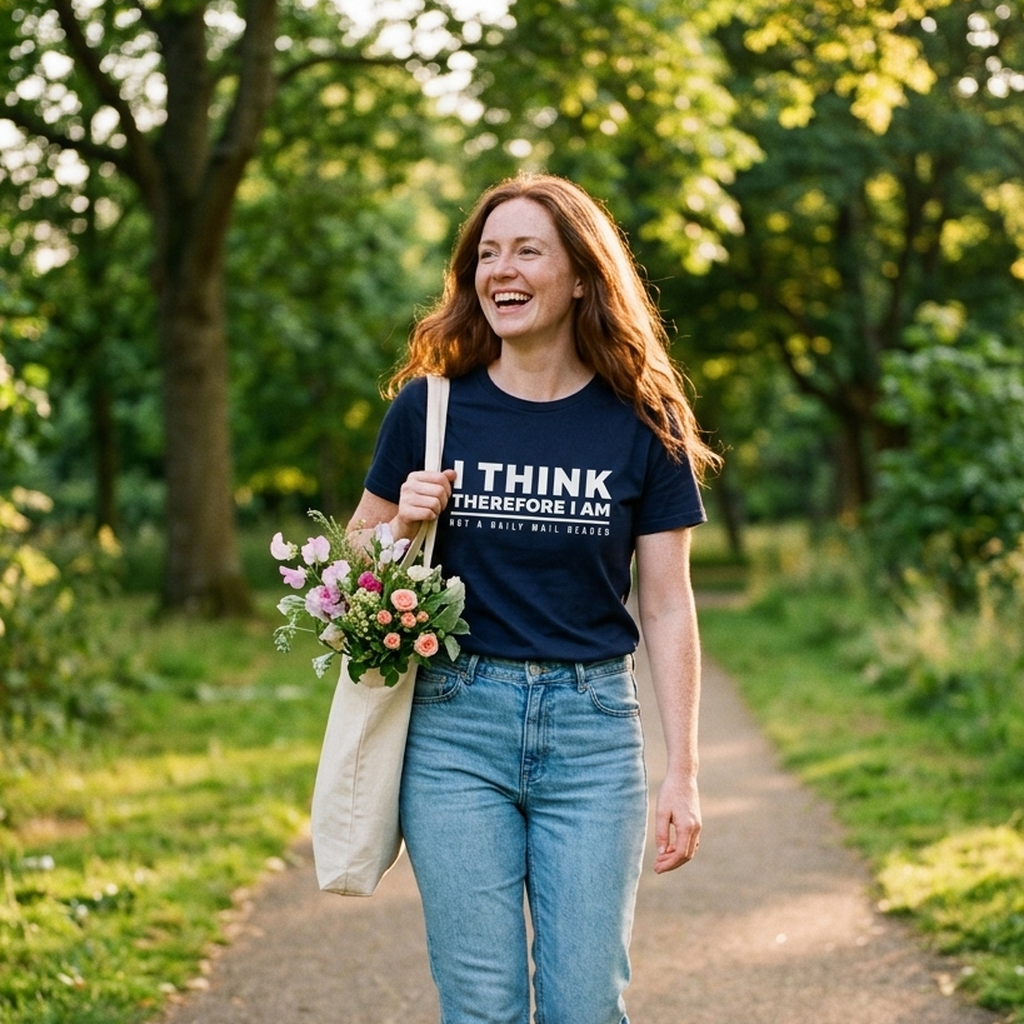 Woman with auburn hair laughing in a London park carrying flowers, wearing the navy Not a Daily Mail Reader t-shirt, Very Brexit Problems