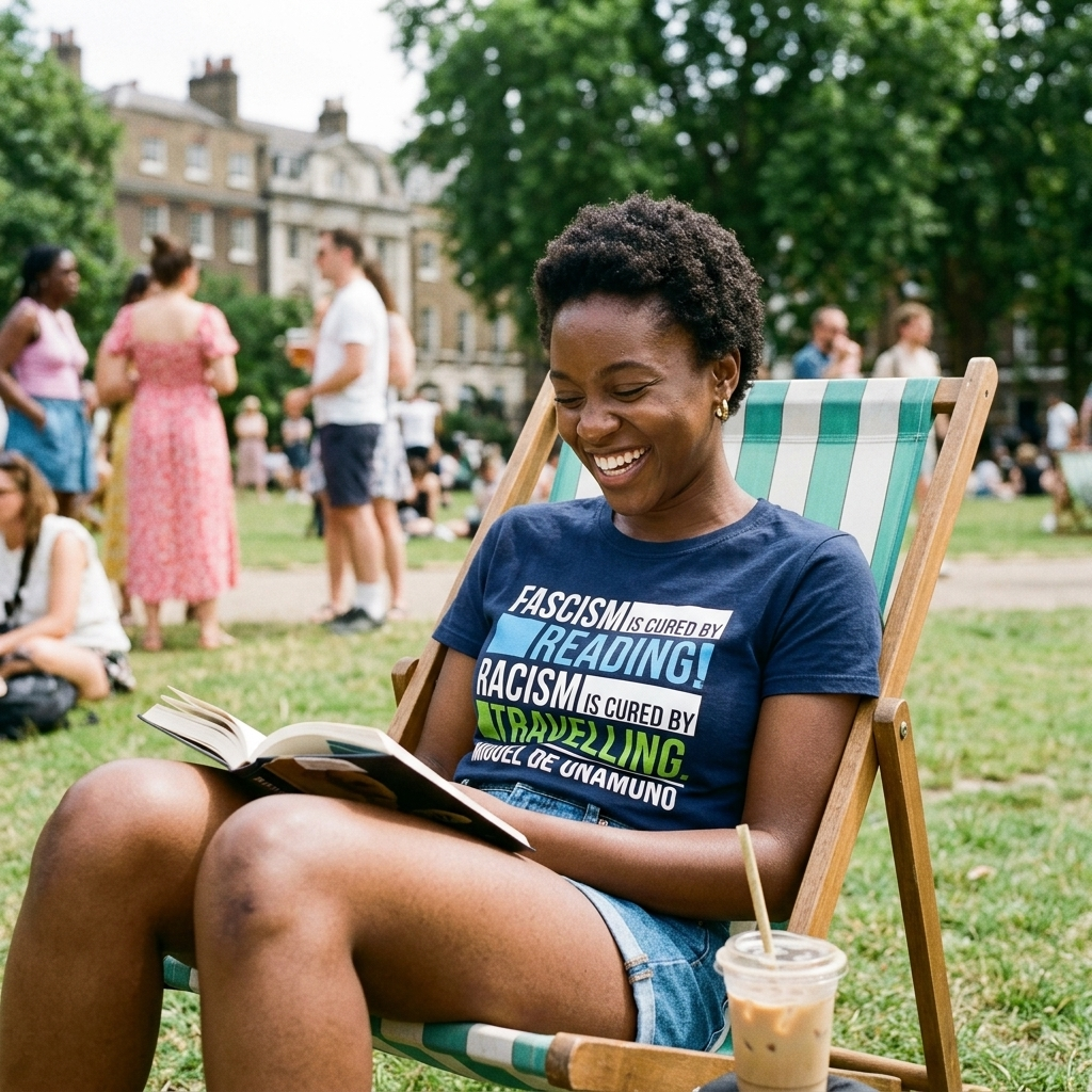 Woman laughing at her book in a striped deckchair in a London park wearing the navy Fascism is Cured by Reading t-shirt, Very Brexit Problems