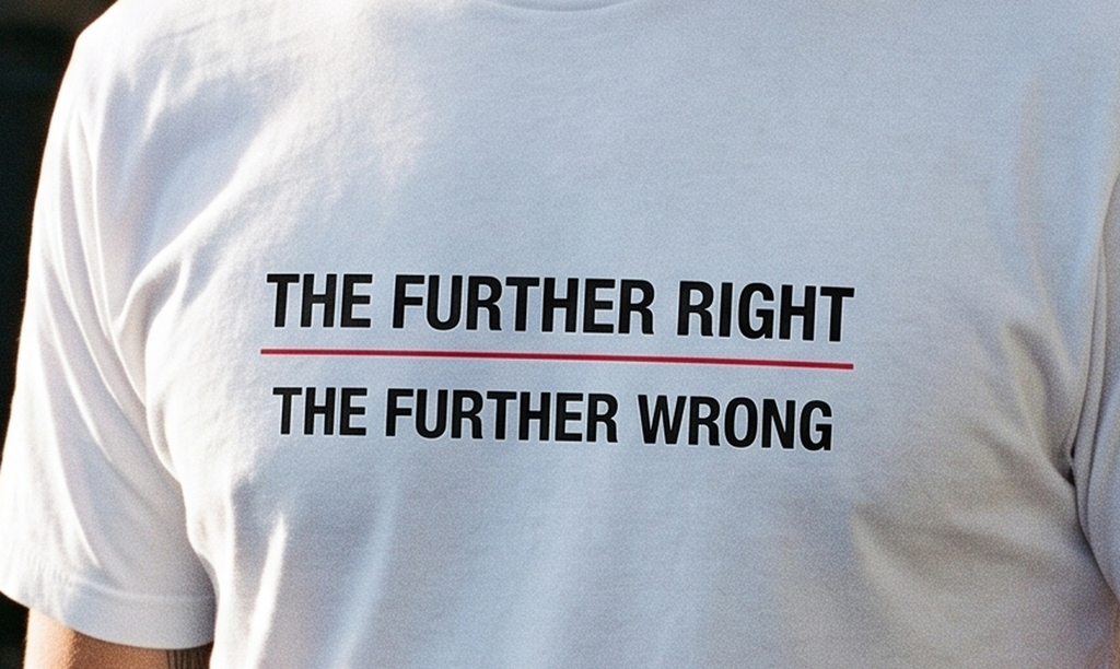 Macro close-up of the printed slogan on the white t-shirt, showing the ink sitting in the cotton weave