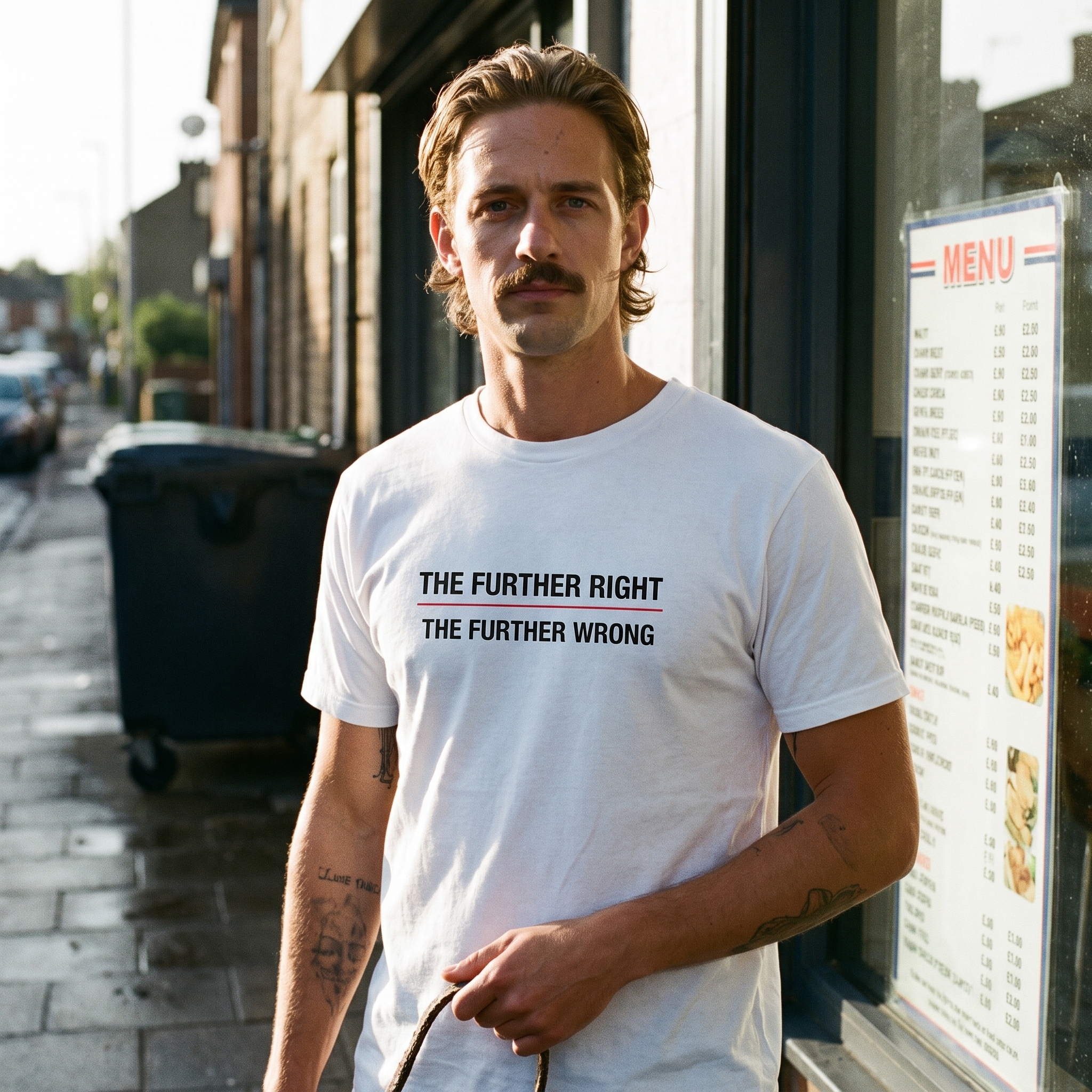 Man wearing a white The Further Right, The Further Wrong t-shirt outdoors