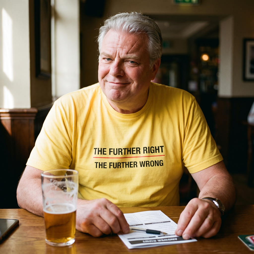 Man wearing a yellow The Further Right, The Further Wrong t-shirt
