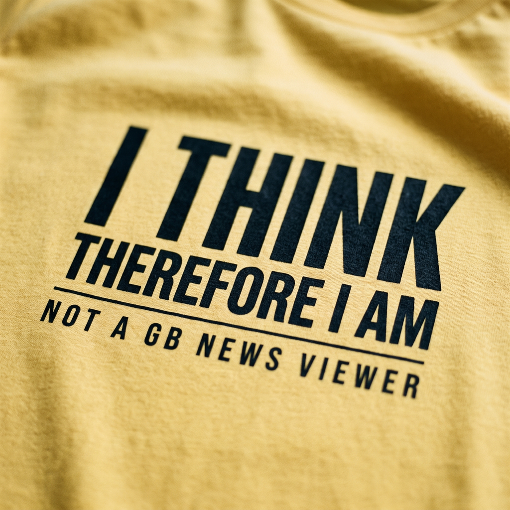 I Think Therefore I Am Not a GB News Viewer black print filling the frame on yellow cotton fabric, Very Brexit Problems