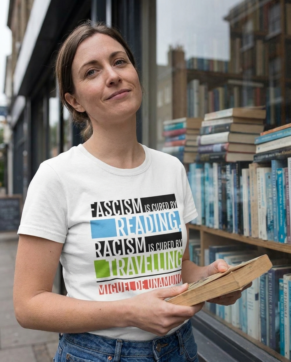 Fascism is Cured by Reading Unisex T-Shirt lifestyle shot