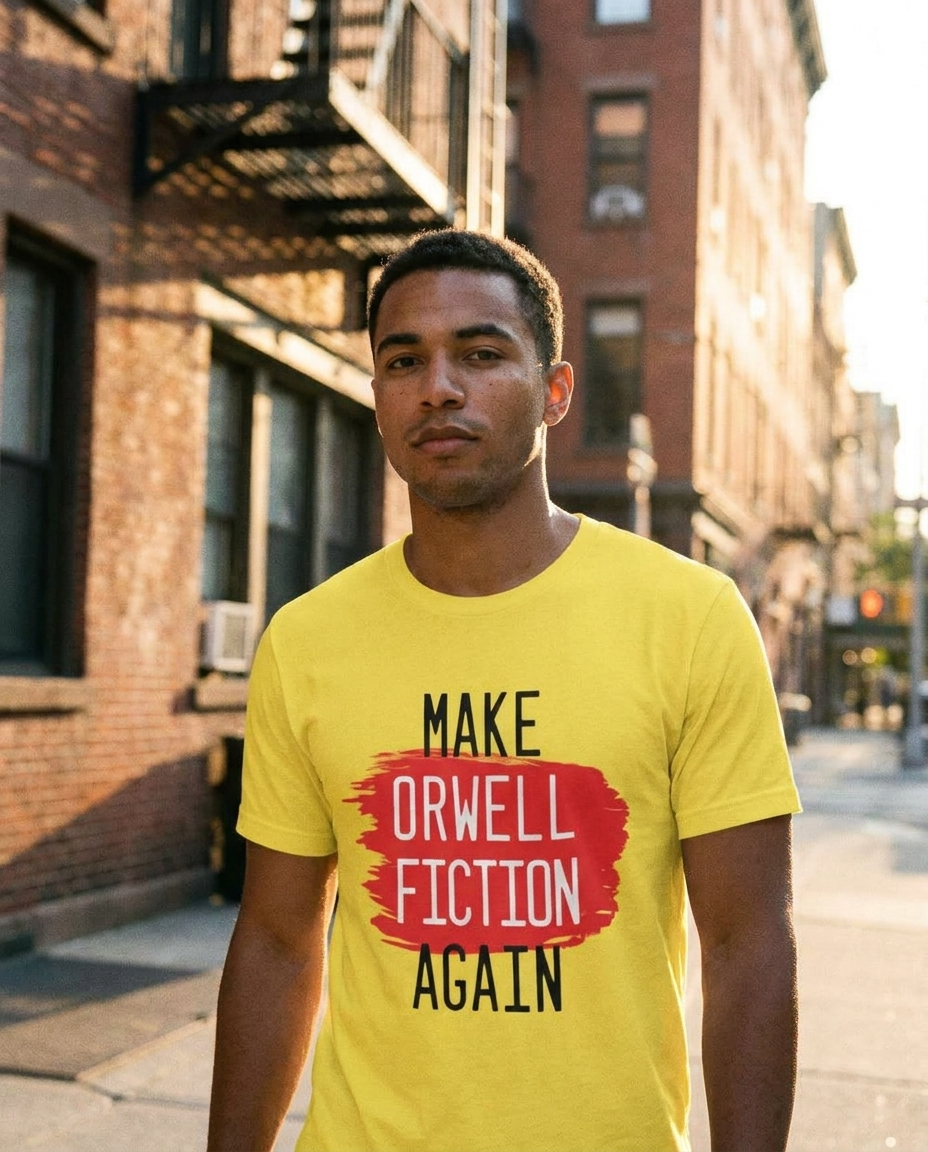 Orwell Fiction Unisex T-Shirt yellow lifestyle shot