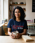 My blood type is tea navy t-shirt lifestyle shot