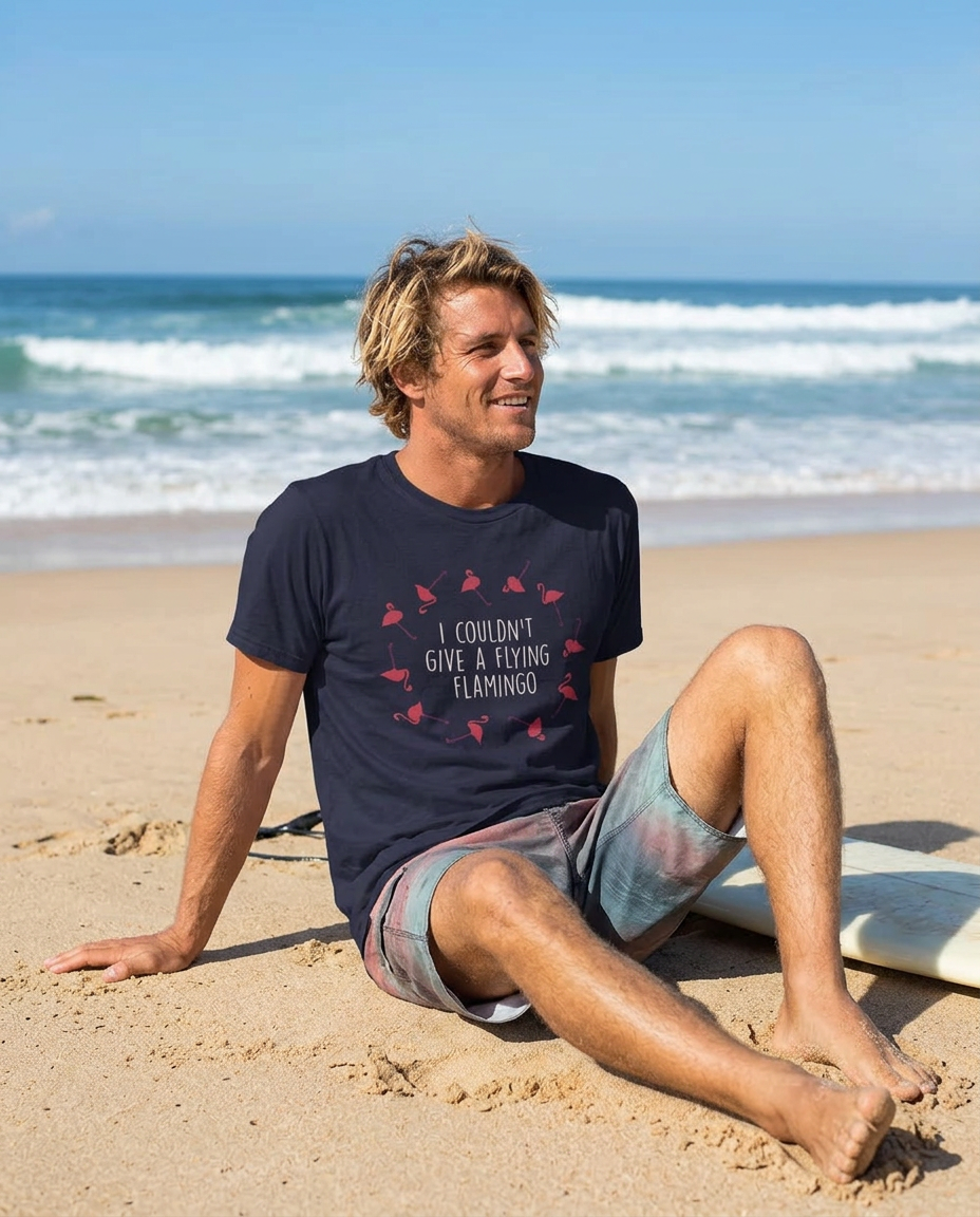 Man wearing Flying Flamingo t-shirt on beach