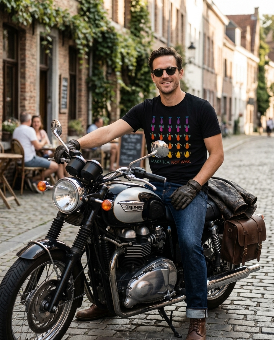 Man on motorbike wearing Make Tea Not War t-shirt