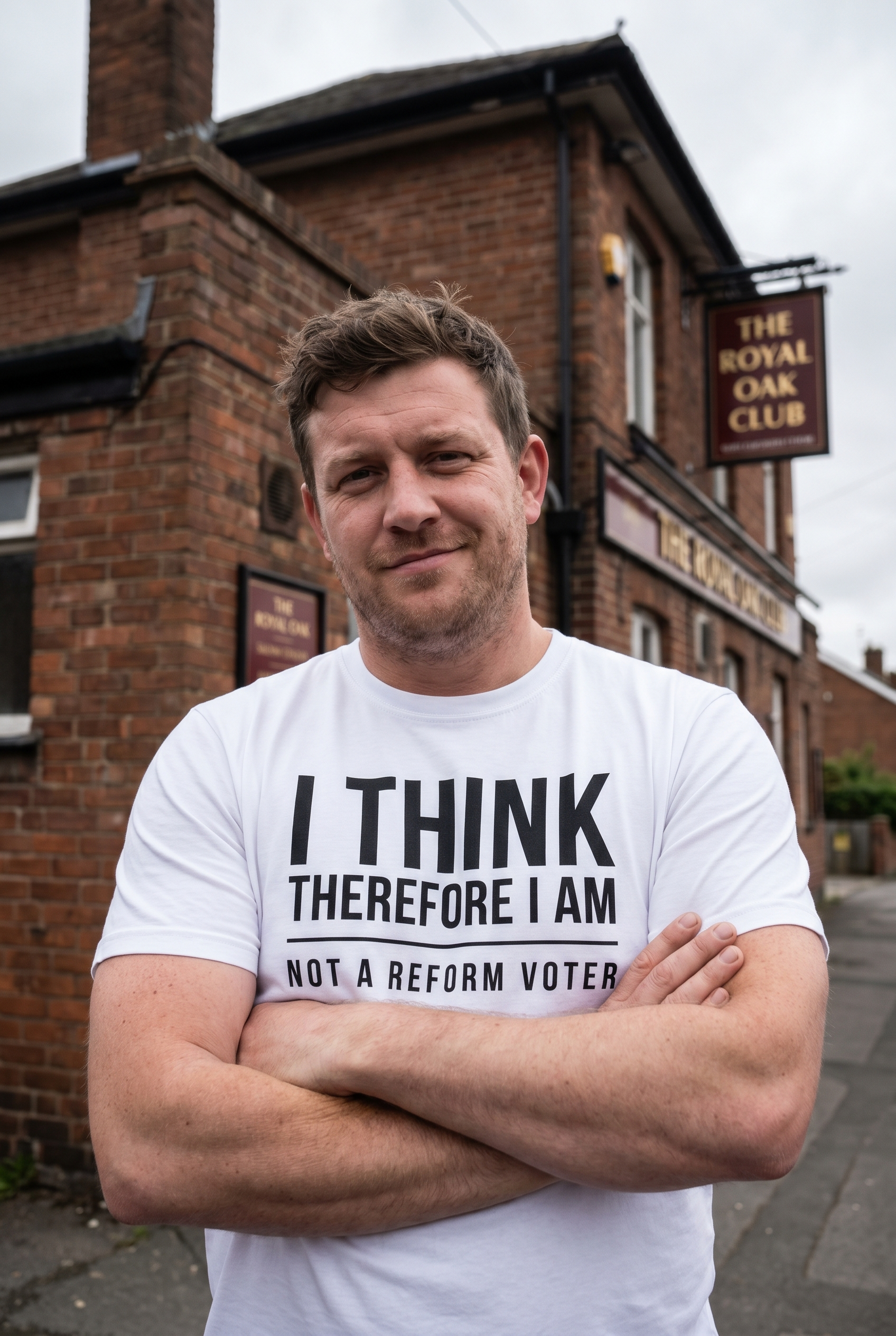 I Think Therefore I Am Not a Reform Voter white t-shirt - man outside pub