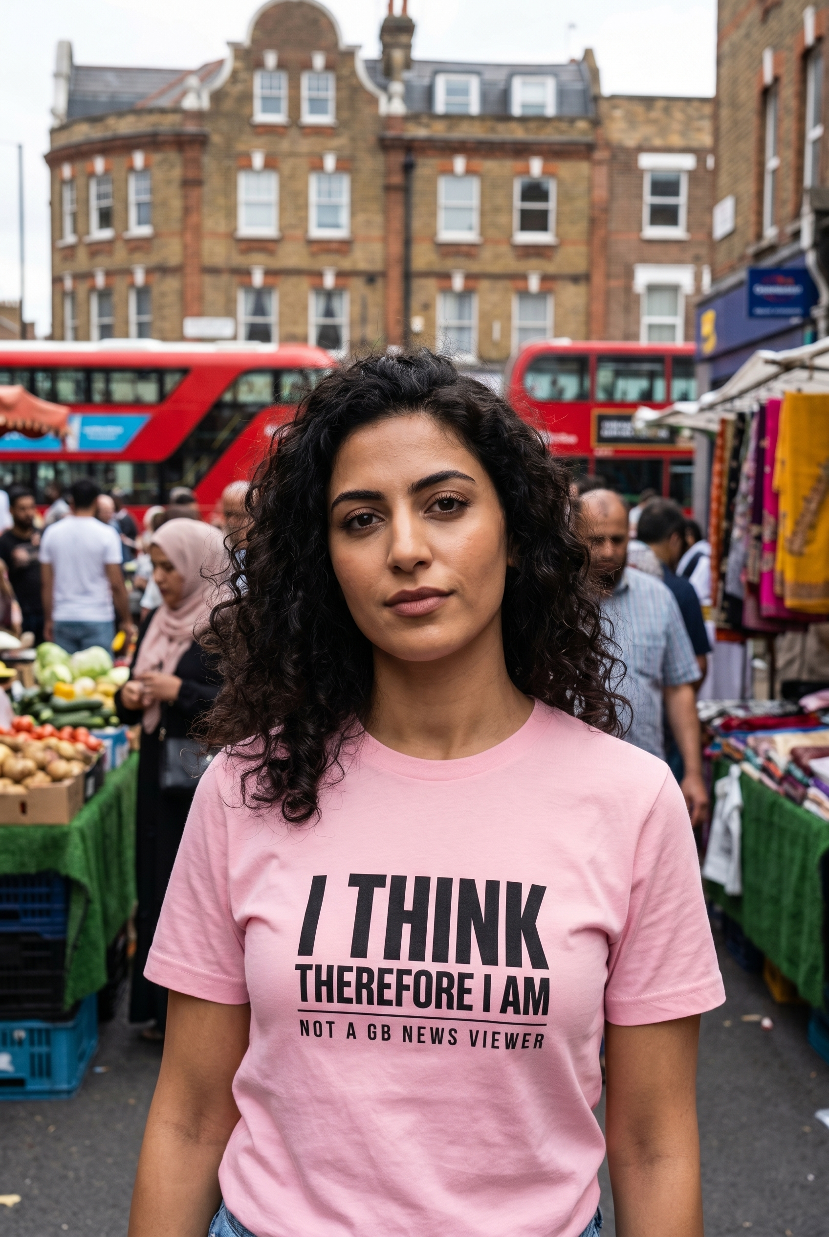 I Think Therefore I Am Not a GB News Viewer pink t-shirt - woman on London street
