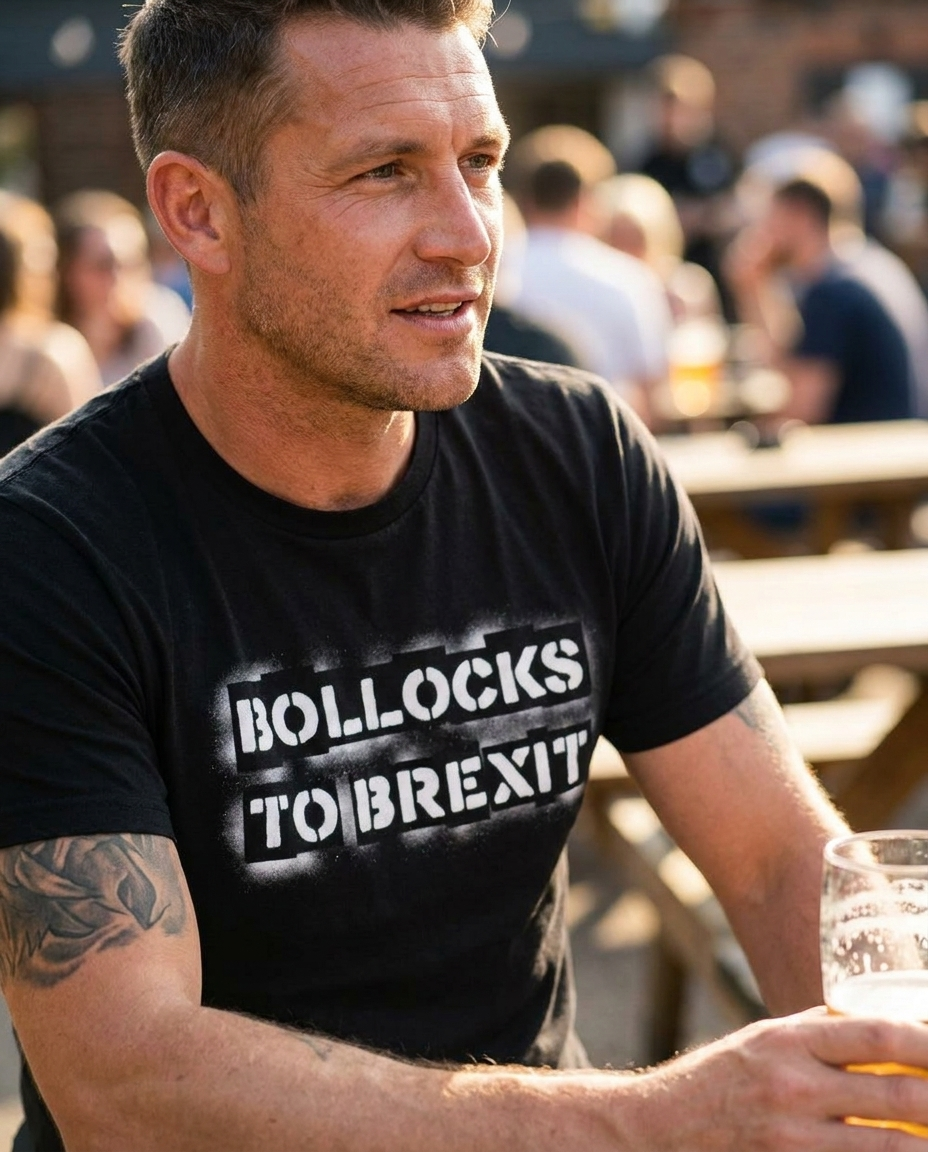 Bollocks to Brexit t-shirt man beer garden lifestyle