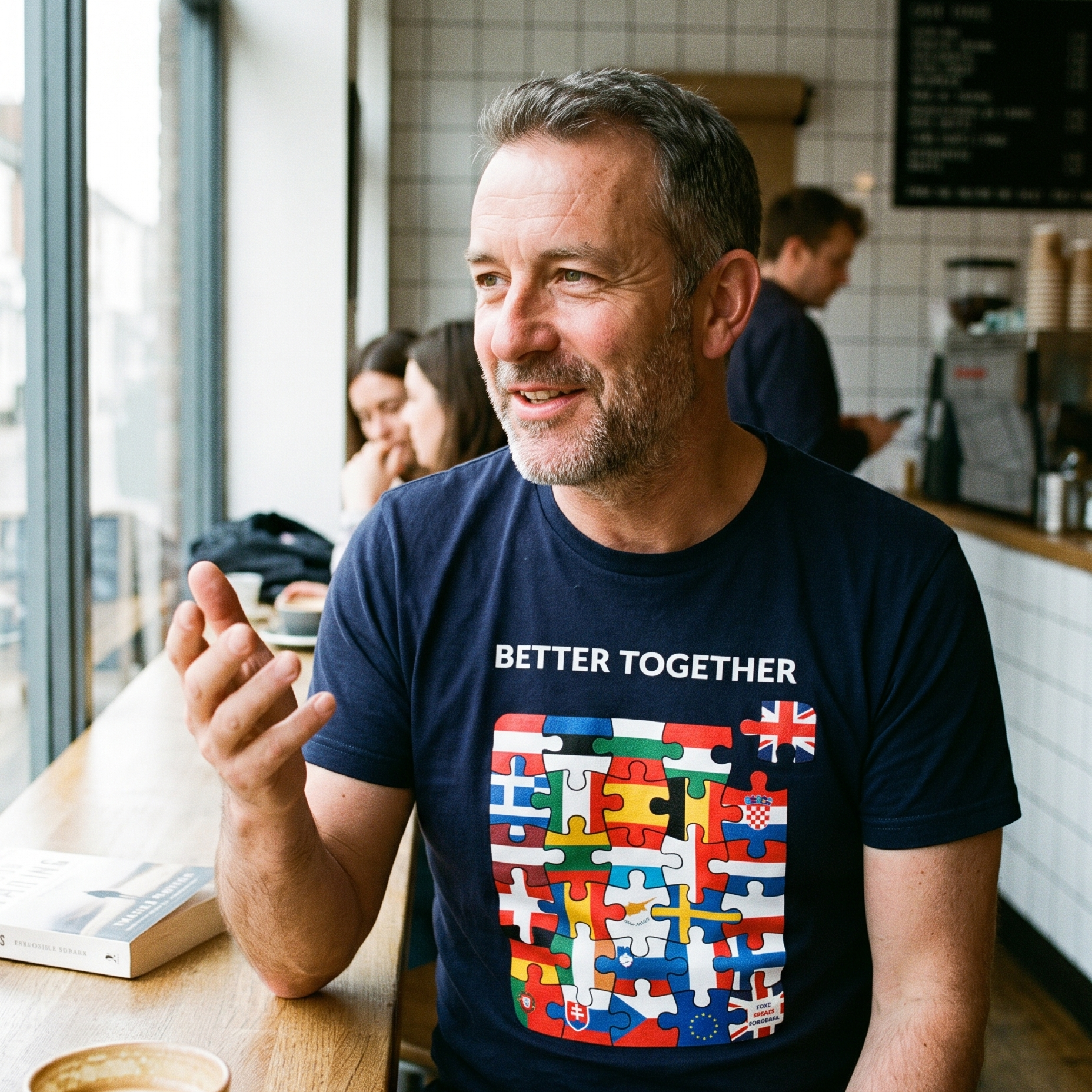 Man in an independent coffee shop wearing the navy Better Together t-shirt, print close and legible, Very Brexit Problems