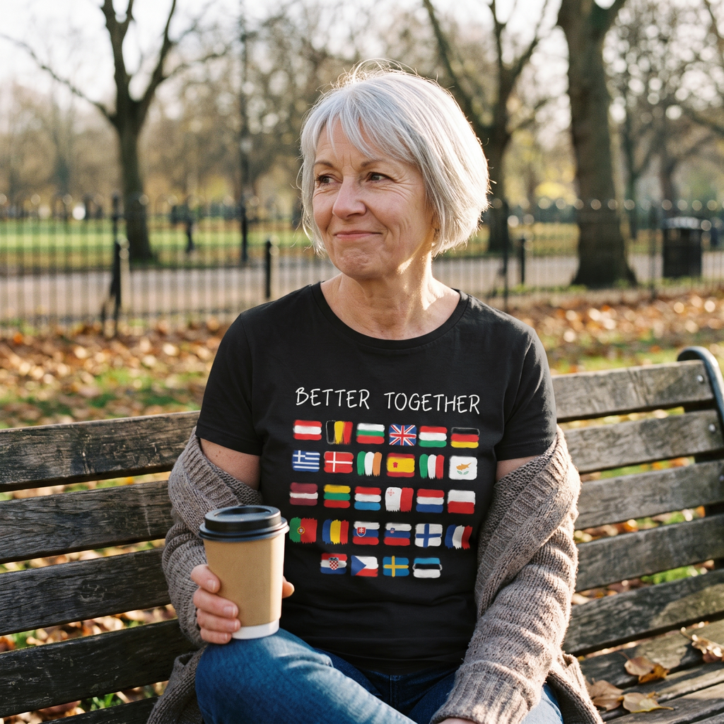 Woman on a park bench with a coffee in autumn wearing the black Better Together European flags t-shirt, print close and legible, Very Brexit Problems