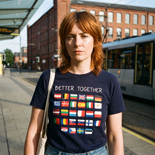 Woman with a tote bag at a Manchester tram stop wearing the navy Better Together European flags t-shirt, print close and legible, Very Brexit Problems