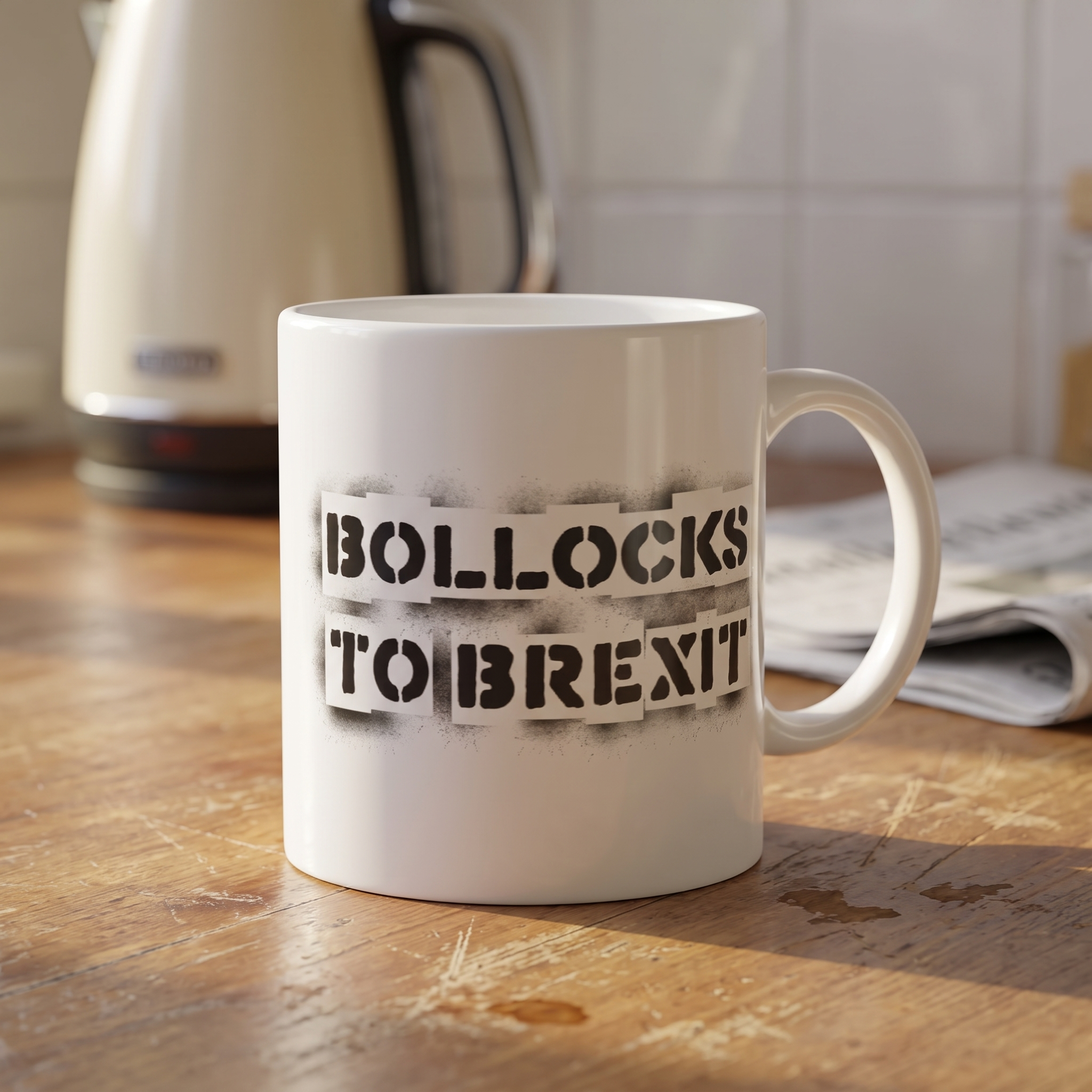 Bollocks to Brexit mug on a kitchen table in morning light, print close and legible, Very Brexit Problems