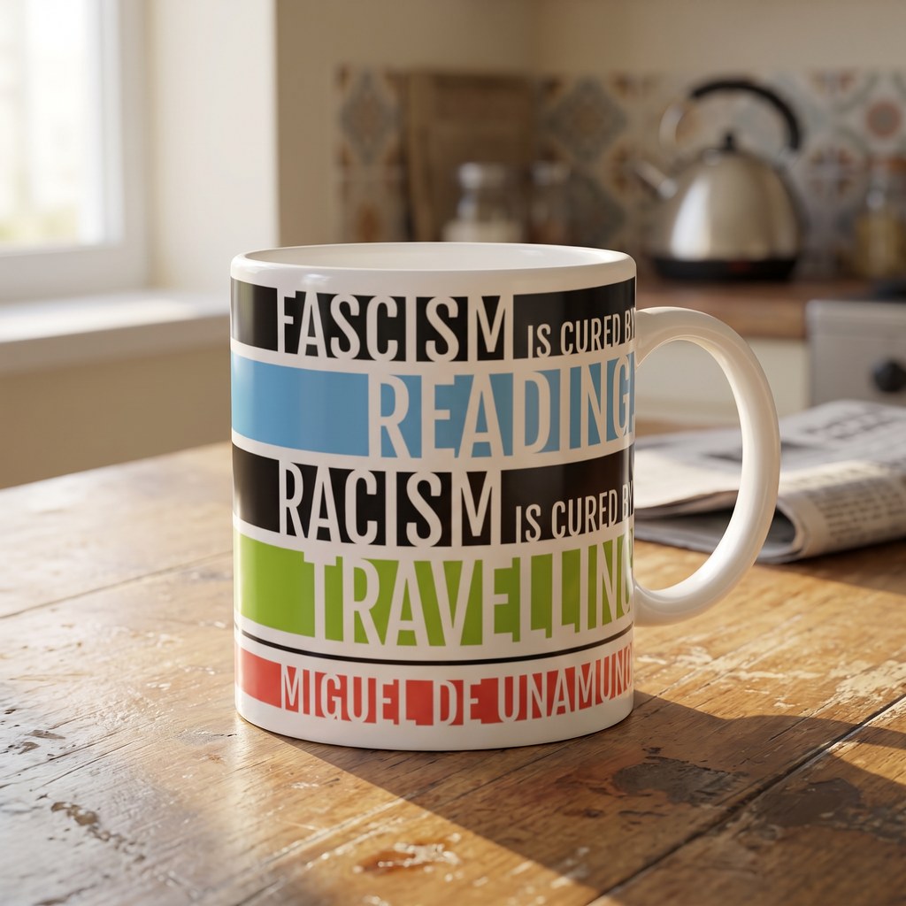 Fascism is Cured by Reading mug on a kitchen table in morning light, print close and legible, Very Brexit Problems
