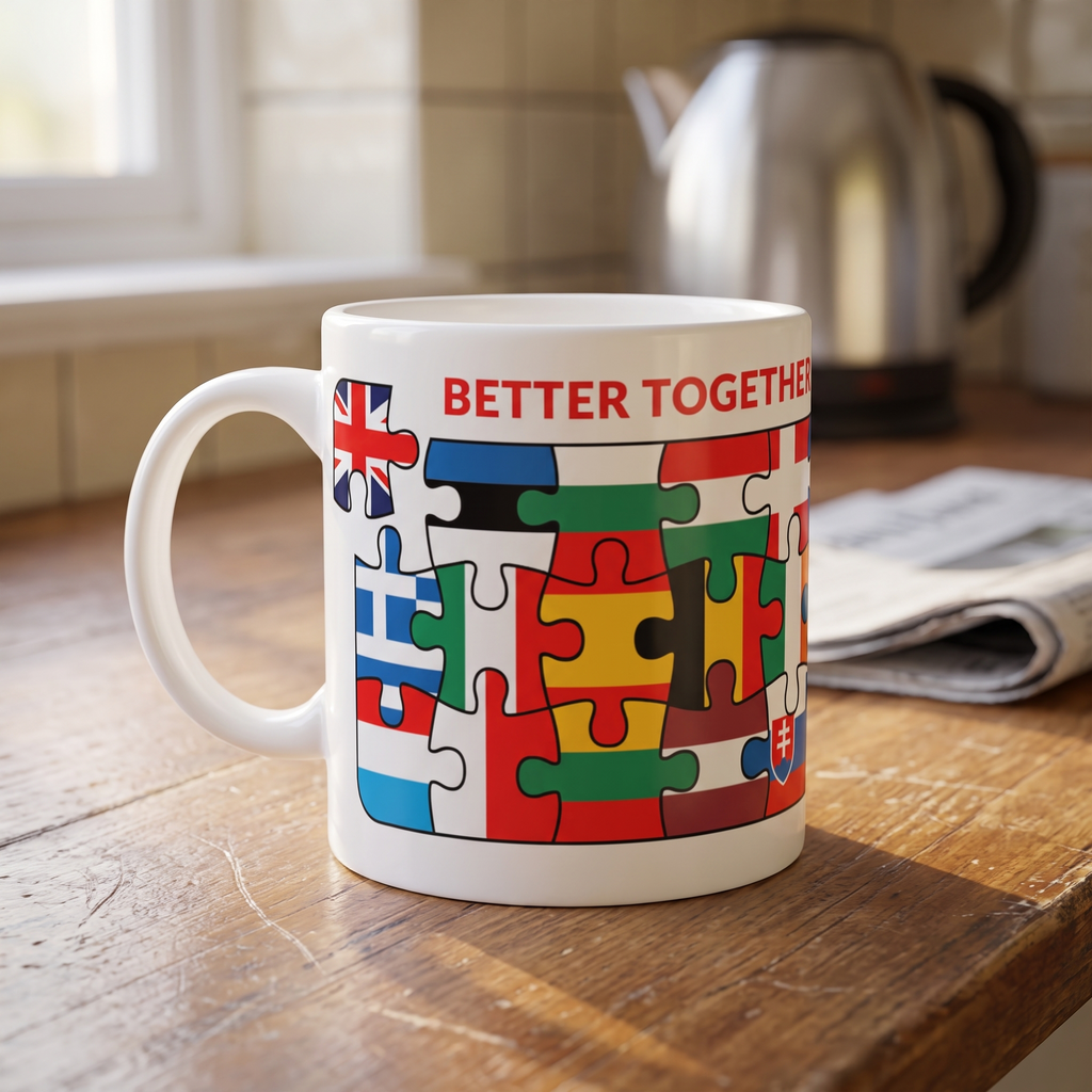Better Together EU jigsaw mug on a kitchen table in morning light, print close and legible, Very Brexit Problems