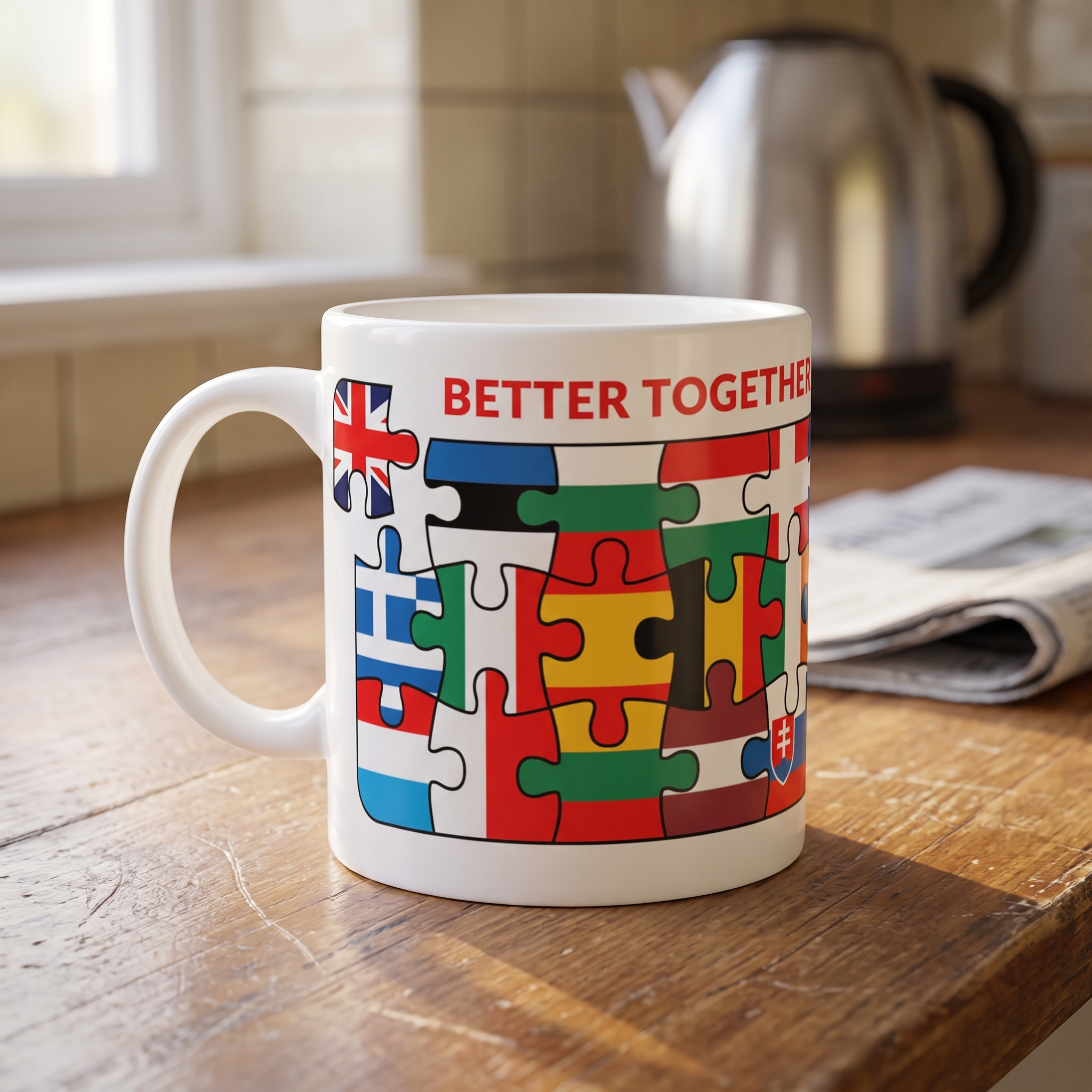Better Together EU jigsaw mug on a kitchen table in morning light, print close and legible, Very Brexit Problems