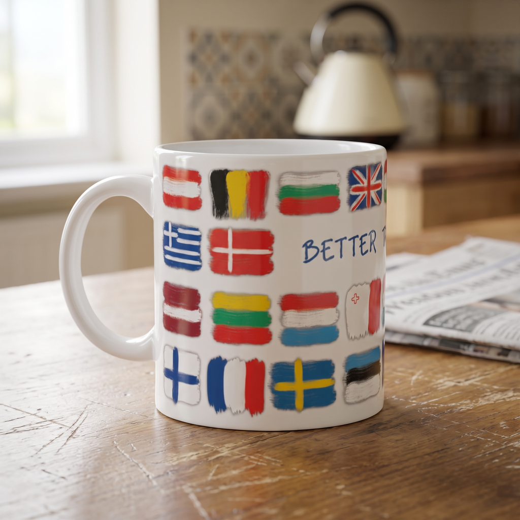 Better Together 2 painted EU flags mug on a kitchen table in morning light, print close and legible, Very Brexit Problems