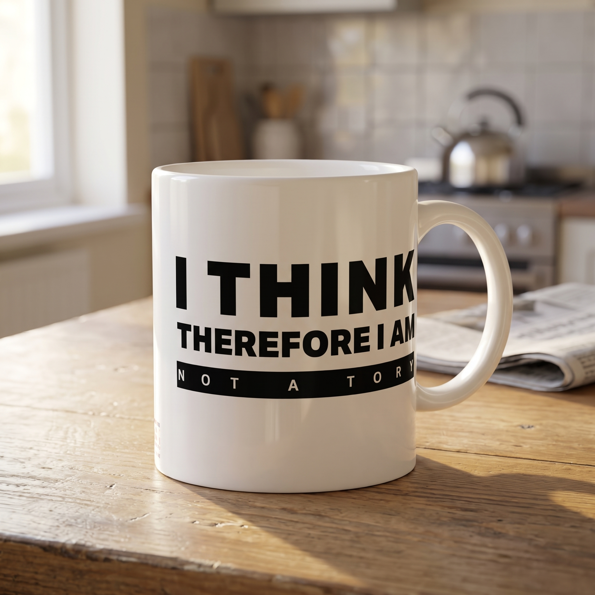 I Think Therefore I Am Not a Tory mug on a kitchen table in morning light, print close and legible, Very Brexit Problems