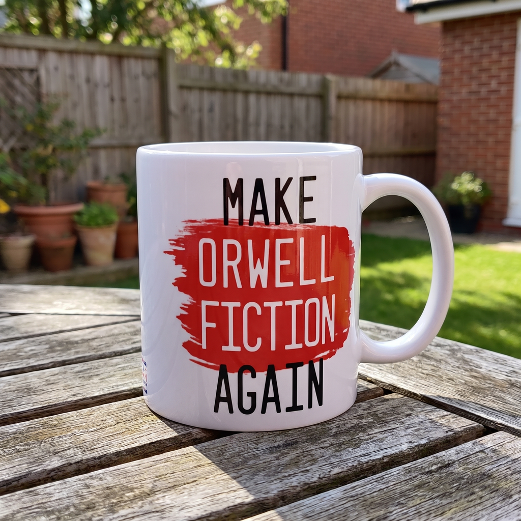 Make Orwell Fiction Again mug on a garden table in summer light, print close and legible, Very Brexit Problems