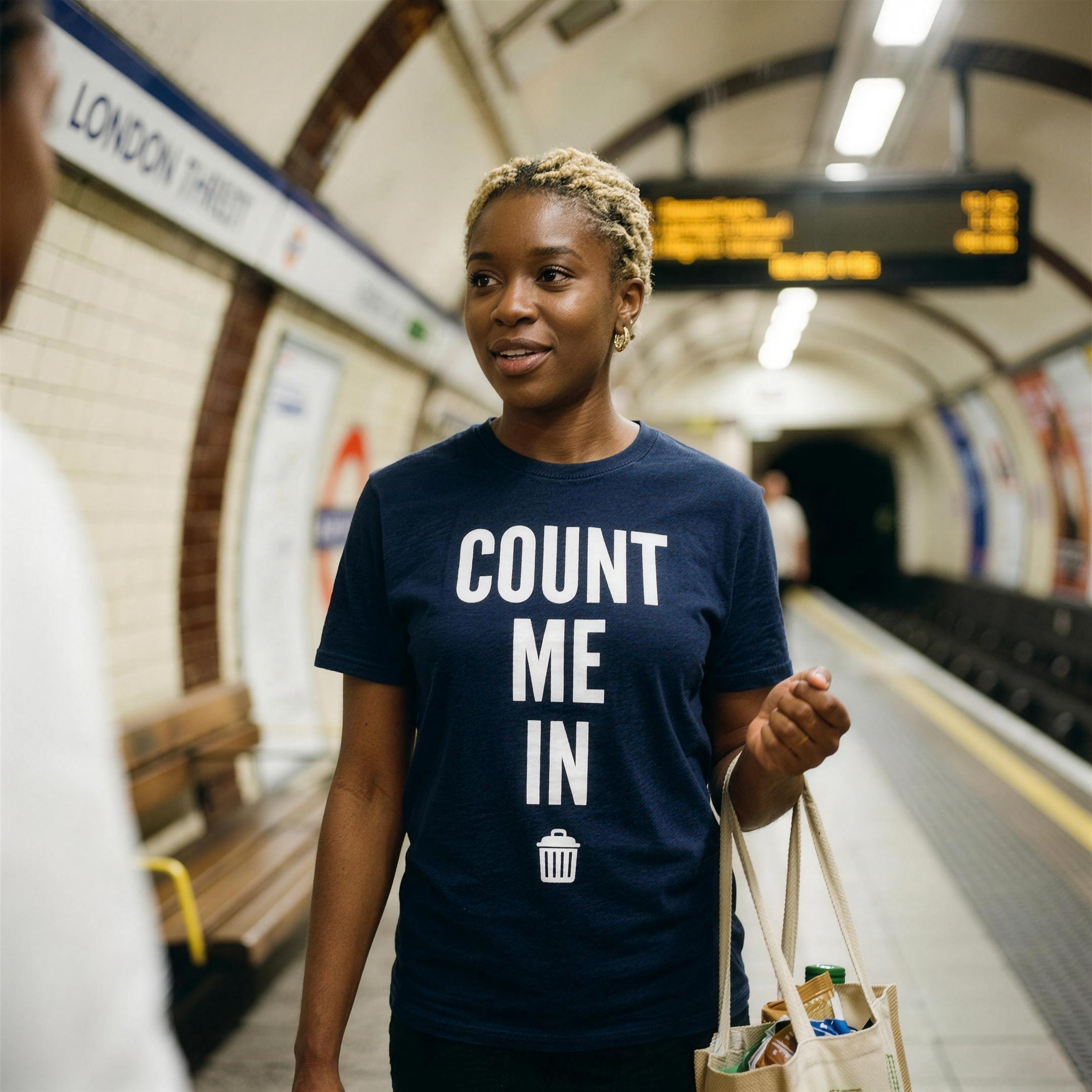 A woman wearing the navy Count Me In t-shirt, print close and legible, Very Brexit Problems