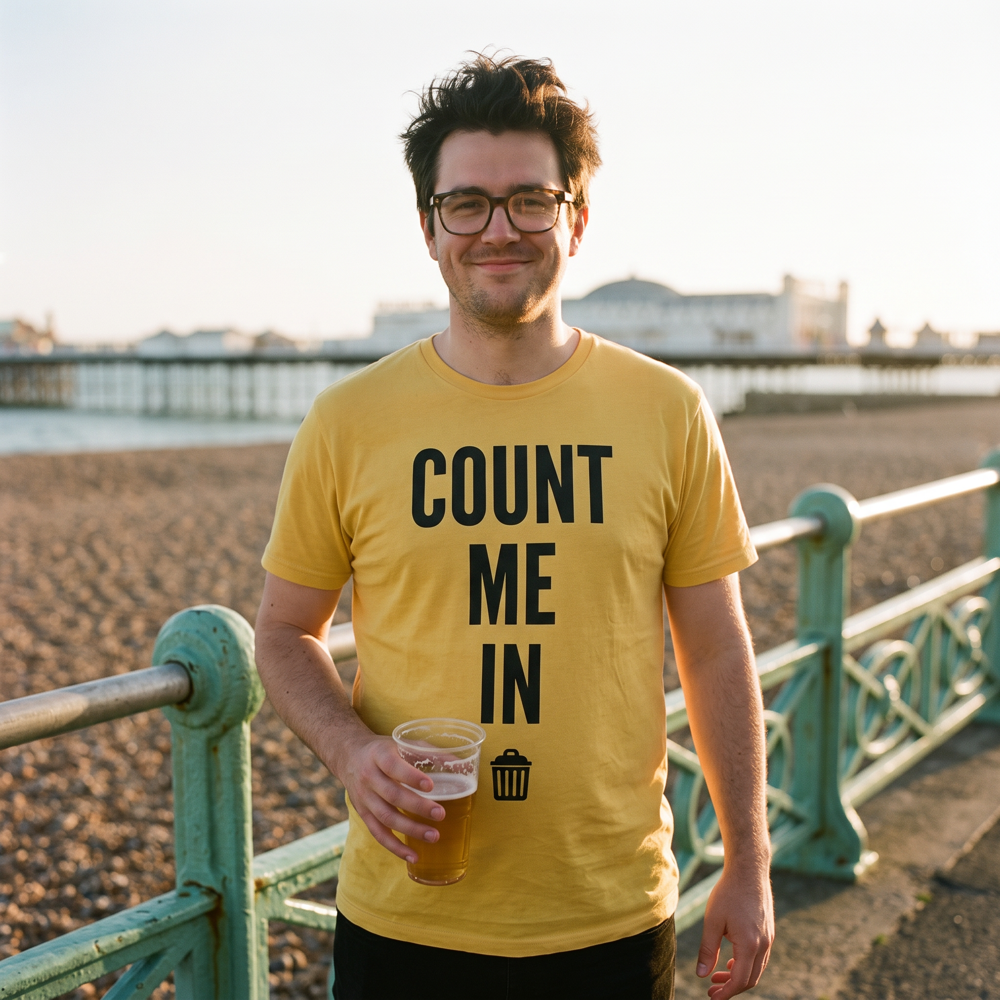 A man wearing the yellow Count Me In t-shirt, print close and legible, Very Brexit Problems
