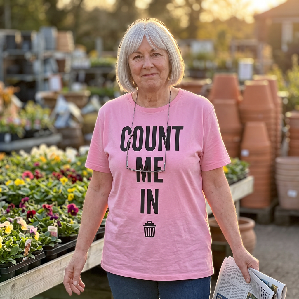 A woman wearing the pink Count Me In t-shirt, print close and legible, Very Brexit Problems