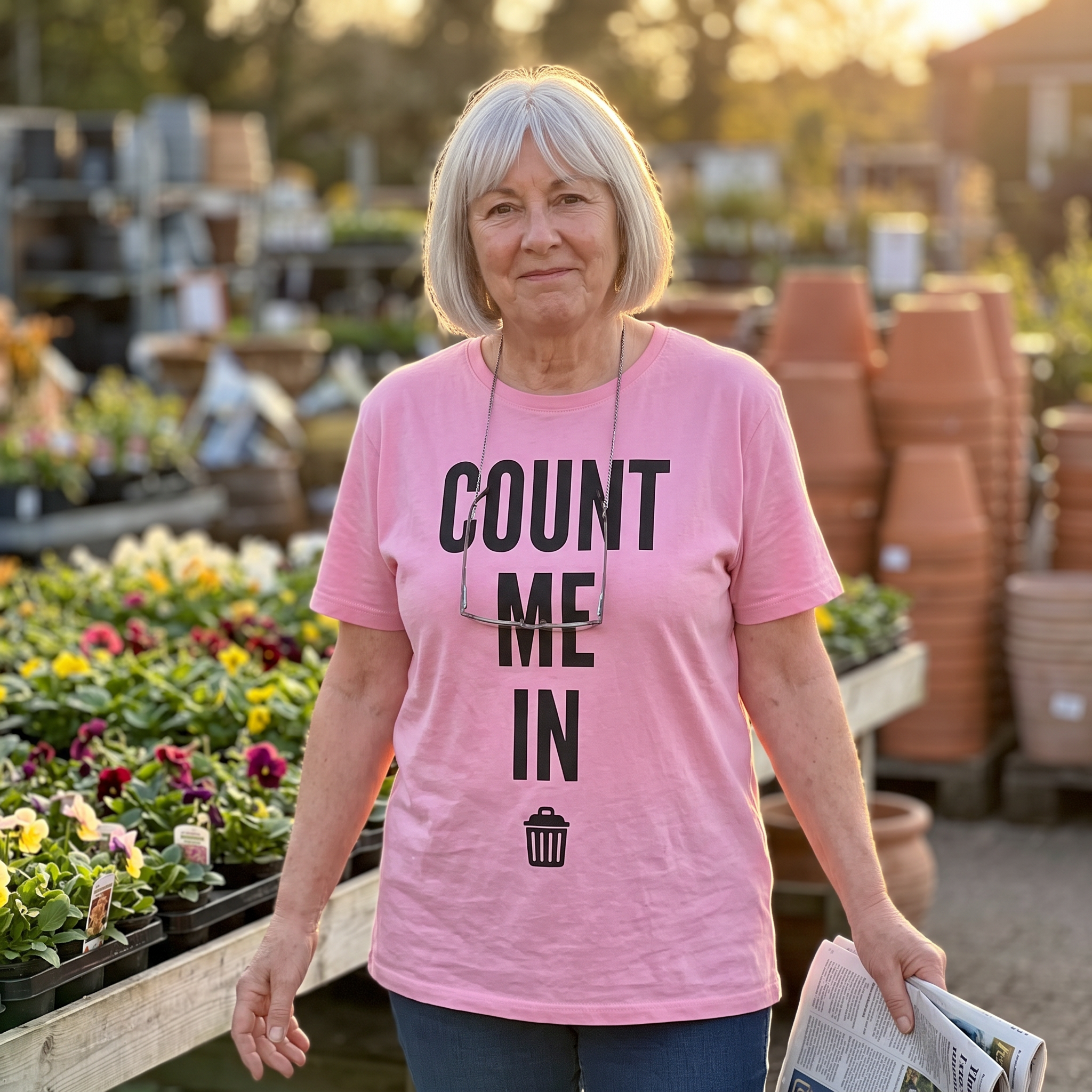 A woman wearing the pink Count Me In t-shirt, print close and legible, Very Brexit Problems