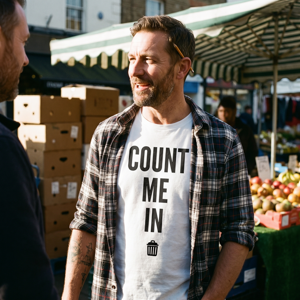 A man wearing the white Count Me In t-shirt, print close and legible, Very Brexit Problems