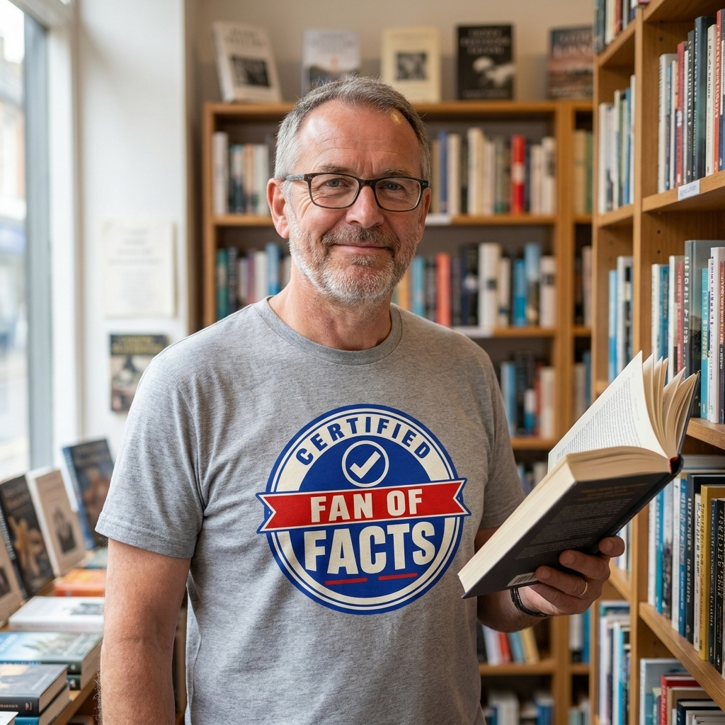Man in a heather grey Certified Fan of Facts t-shirt holding a book in a British bookshop