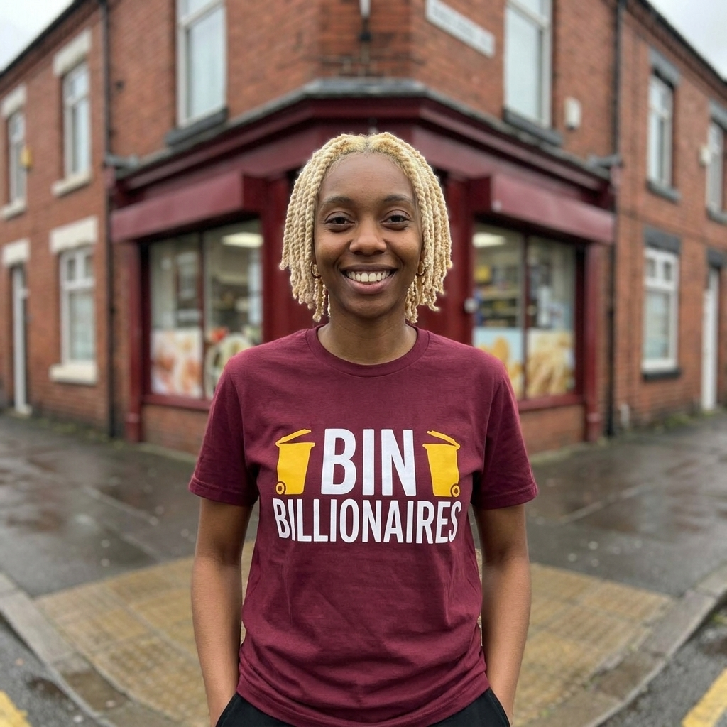 Woman in a maroon Bin Billionaires t-shirt outside a British corner shop