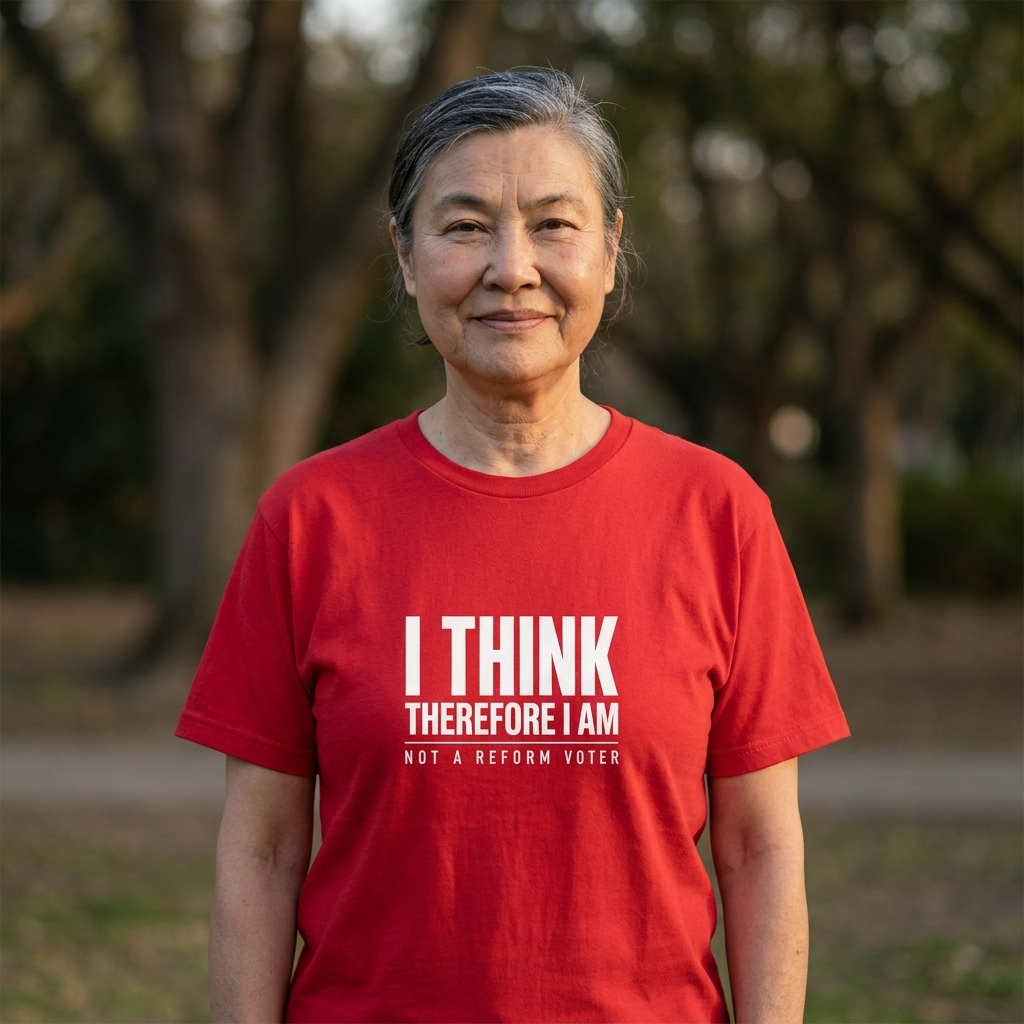 Woman in a red I Think Therefore I Am Not a Reform Voter t-shirt in a park