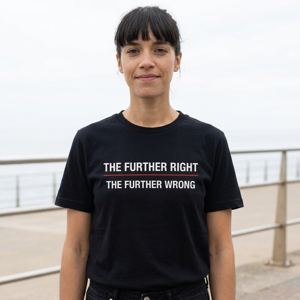 Woman in a black The Further Right, The Further Wrong t-shirt on a coastal promenade