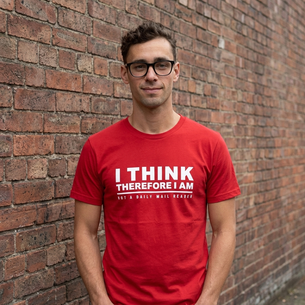 Man in a red Not a Daily Mail Reader t-shirt against a brick wall