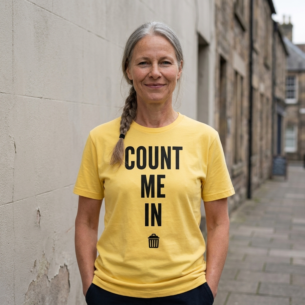 Woman in a yellow Count Me In t-shirt on a Scottish high street