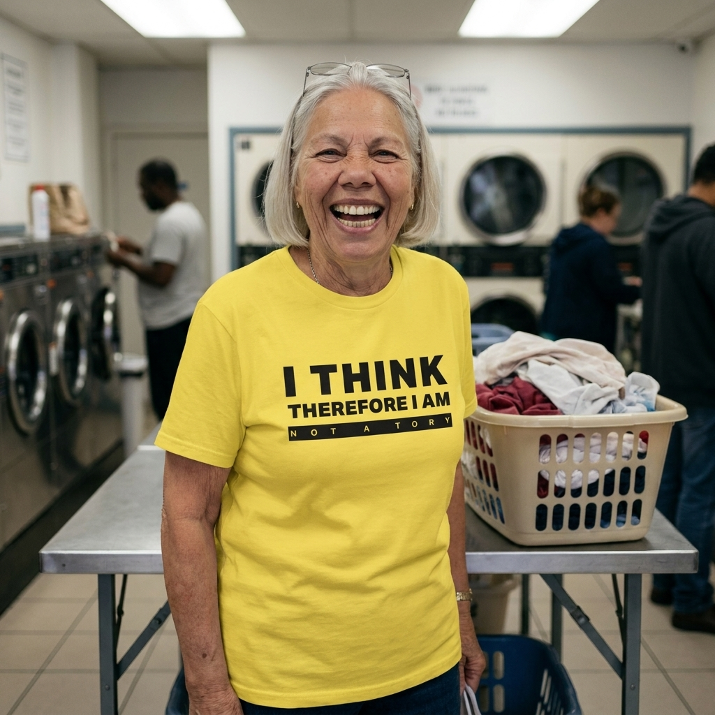 Woman in a yellow I'm not a Tory t-shirt folding washing in a launderette