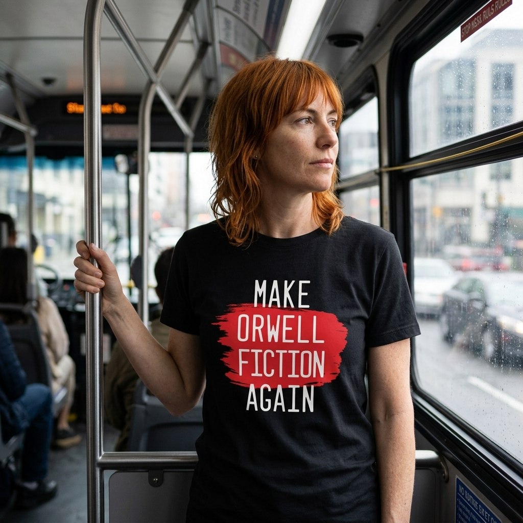 Woman in a black Orwell Fiction t-shirt looking out of a bus window
