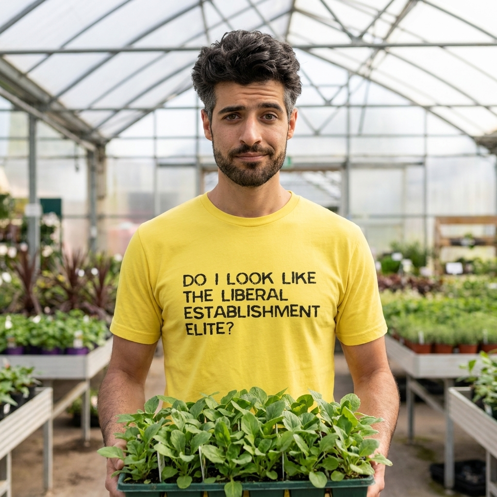 Man in a yellow Do I look like the liberal elite t-shirt carrying plants in a garden centre