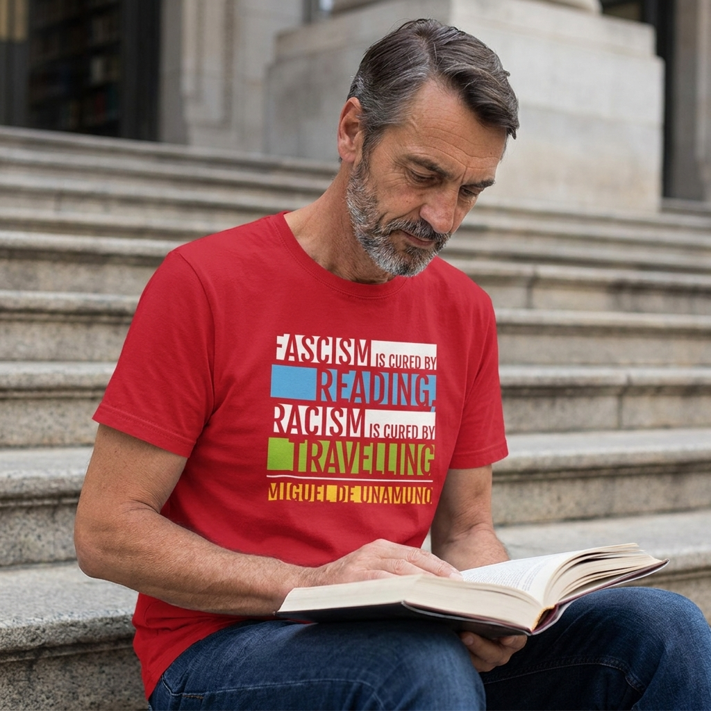 Man in a red Fascism is Cured by Reading t-shirt reading on library steps