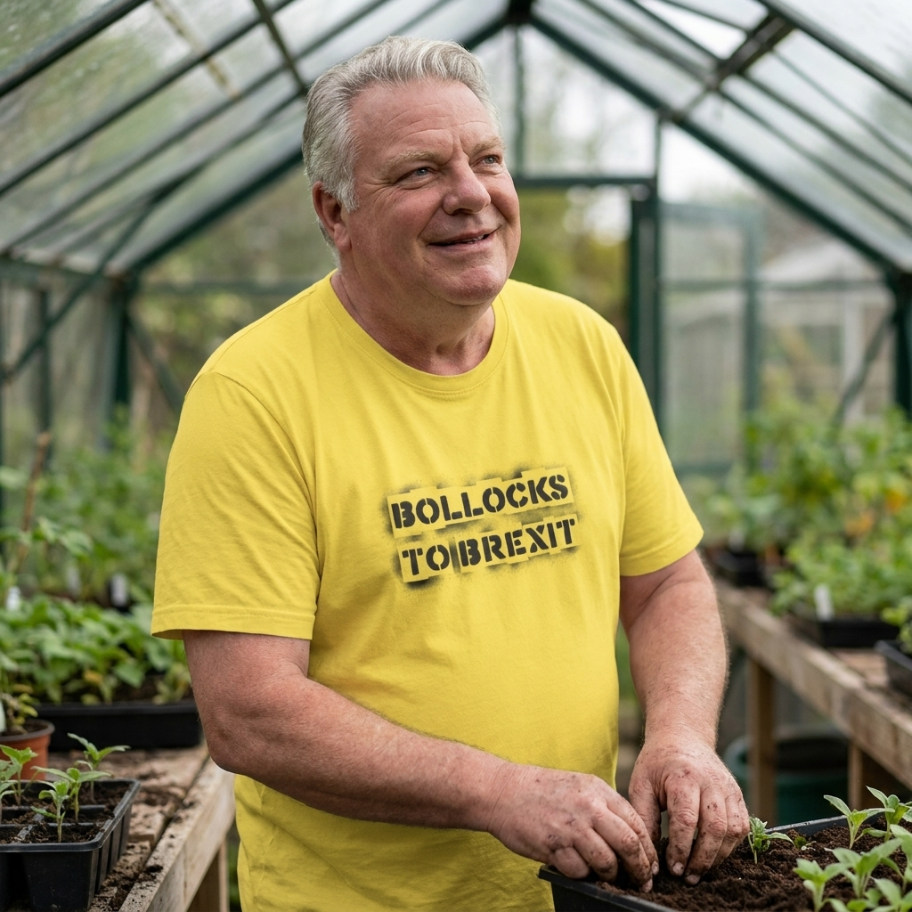 Man in a yellow Bollocks to Brexit t-shirt potting seedlings in a greenhouse