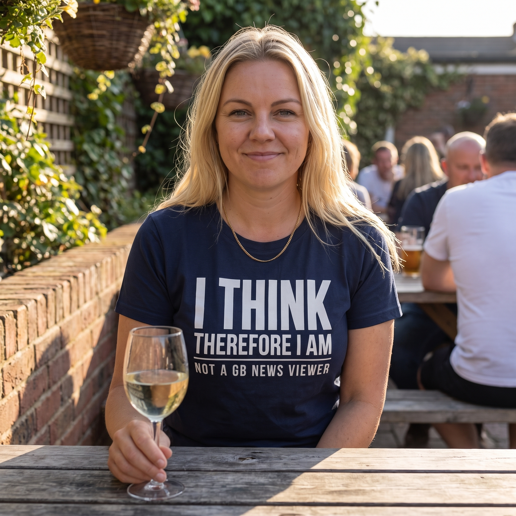 Woman with a glass of white wine in a pub beer garden wearing the navy I Think Therefore I Am Not a GB News Viewer t-shirt, Very Brexit Problems