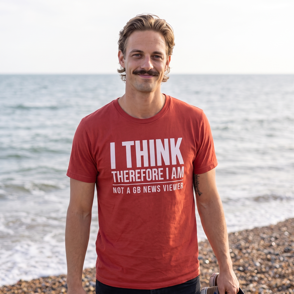 Man on a shingle beach wearing the red I Think Therefore I Am Not a GB News Viewer t-shirt, Very Brexit Problems