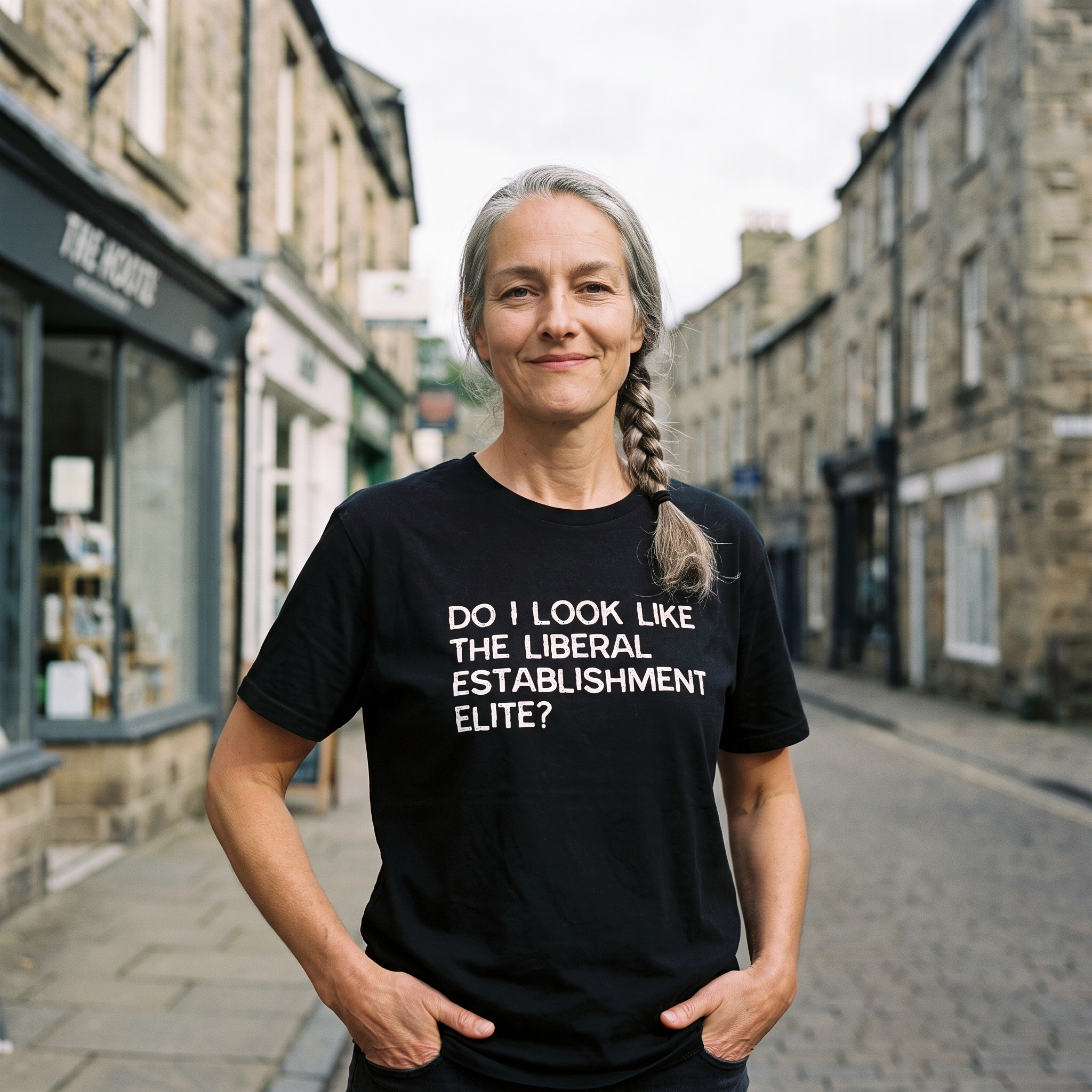 Woman in a black Do I Look Like the Liberal Establishment Elite t-shirt on a stone-built high street, Very Brexit Problems